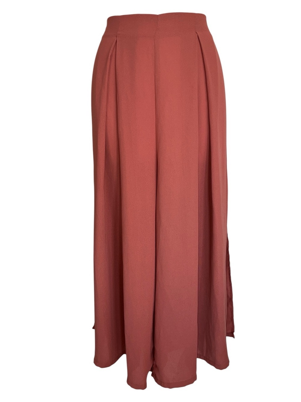 DO+BE Pants women's L Wide Leg, Rust, Front Pleats, Back Zipper, Side Slits. EUC